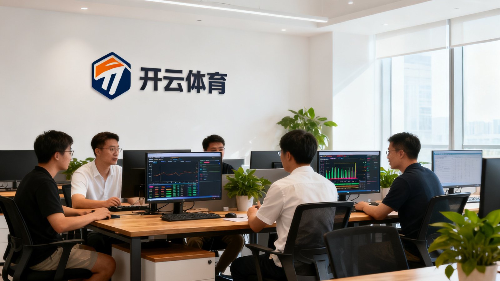 开云体育北京总部办公室内景，技术团队正在开放式工区协作讨论赛事数据方案